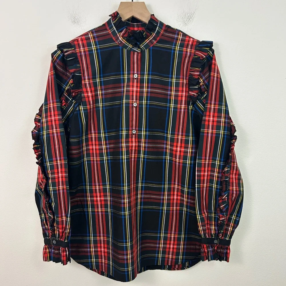 NWT J.Crew Classic Fit Ruffle Popover Black Stewart‎ Tartan Plaid Womens Small